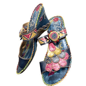 Corkys Elite Navajo Colorful Leather Sandals Size 8 Jewel Tone Artsy Shoes NWOB
